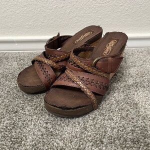 Skechers Cork Wedge Sandals Womens Size 6 Brown Leather Braided Strappy Slip On